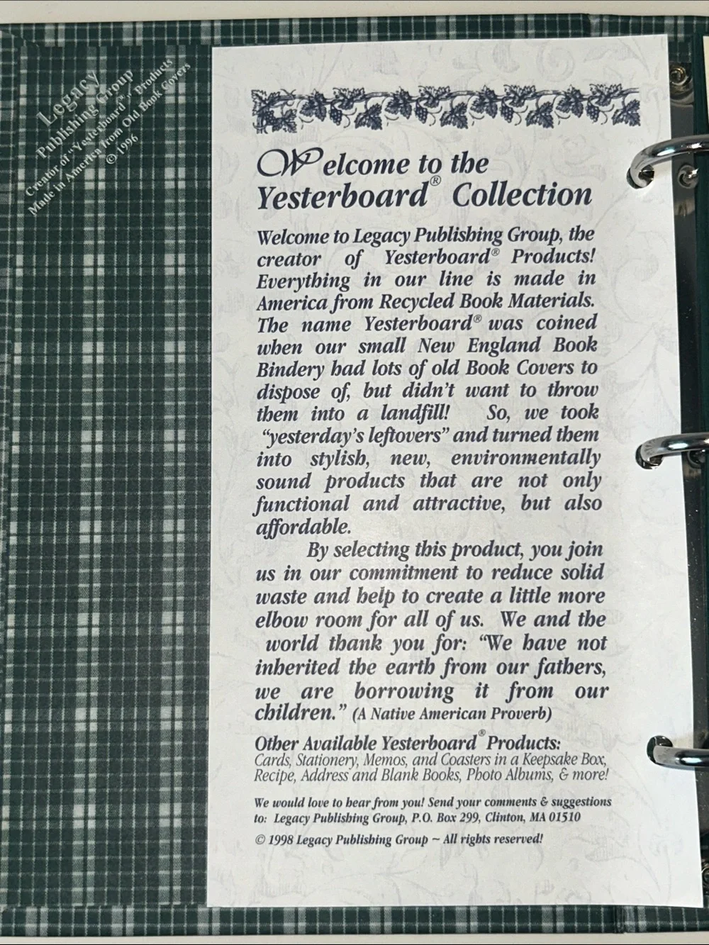 Vintage Recycled Paper Recipe Book Yesterboard Recipe Keepsake Binder 1996